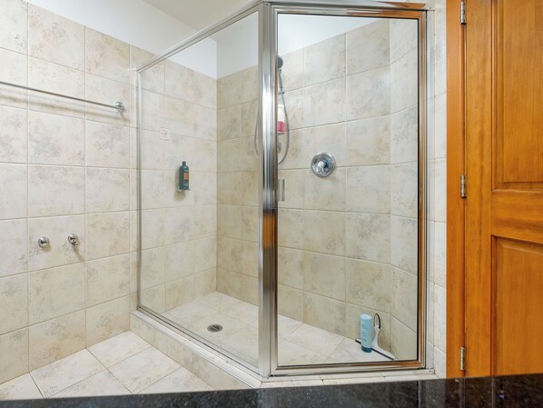 A glass-enclosed shower with a handheld showerhead, a handheld soap dispenser, and a handheld toothbrush on the floor. - 2 Bedroom, 2 Bath Ski in/Out at the base of Red Mtn (Rossland)
