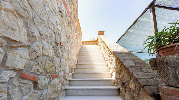 A stone staircase leading upwards, flanked by a stone wall and a covered area with a plant.
