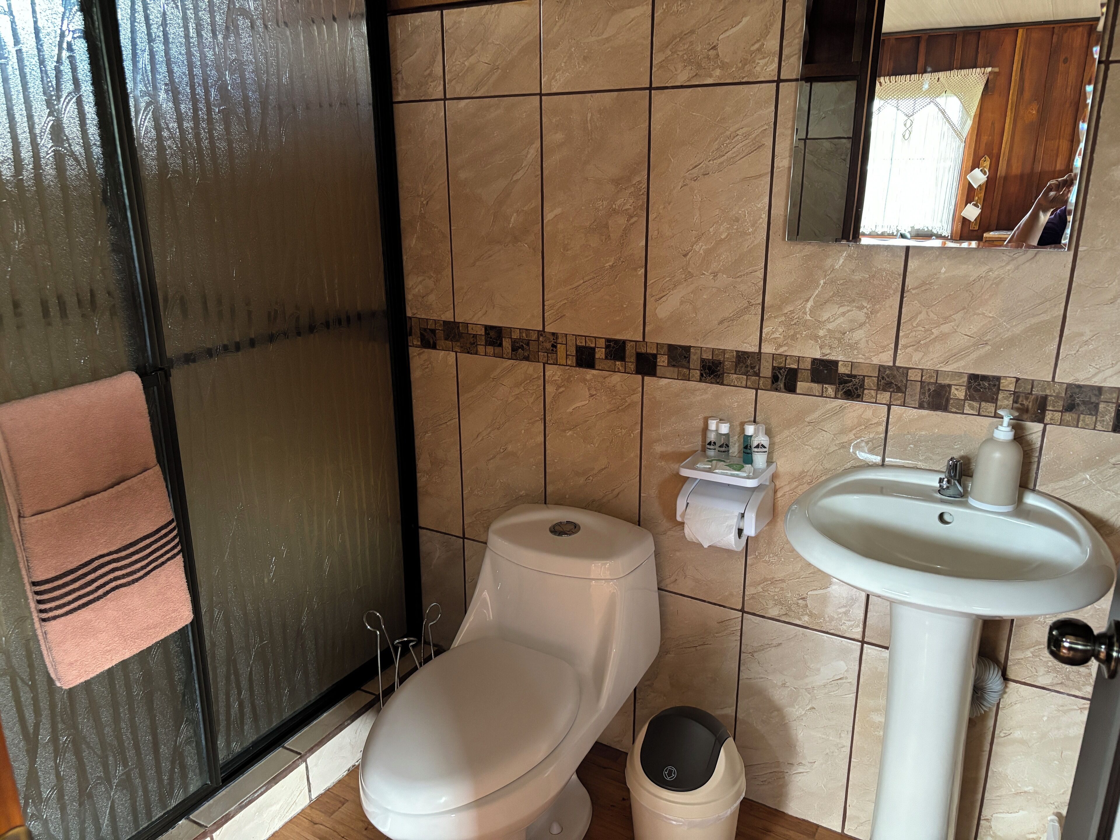 Une salle de bain avec des toilettes, un lavabo et un miroir.