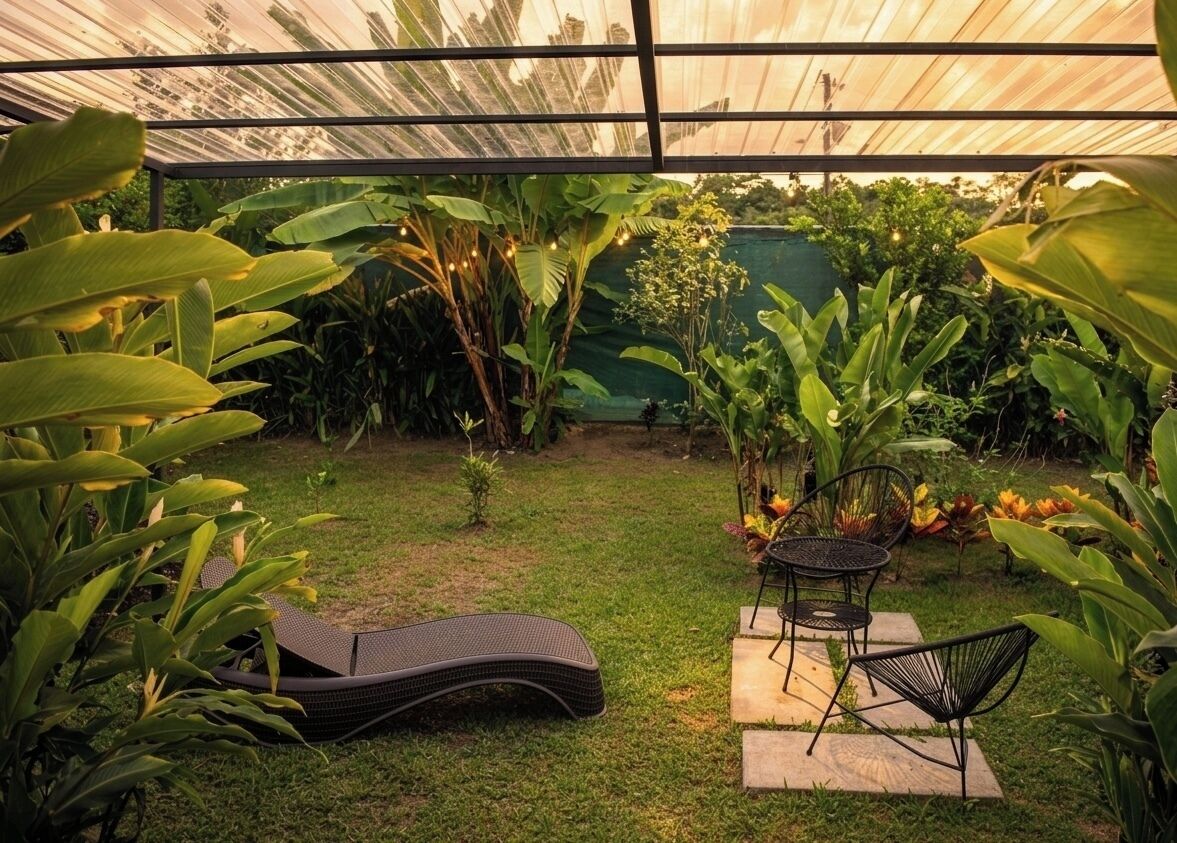 A covered outdoor area with a grass lawn, two lounge chairs, and a small table.
