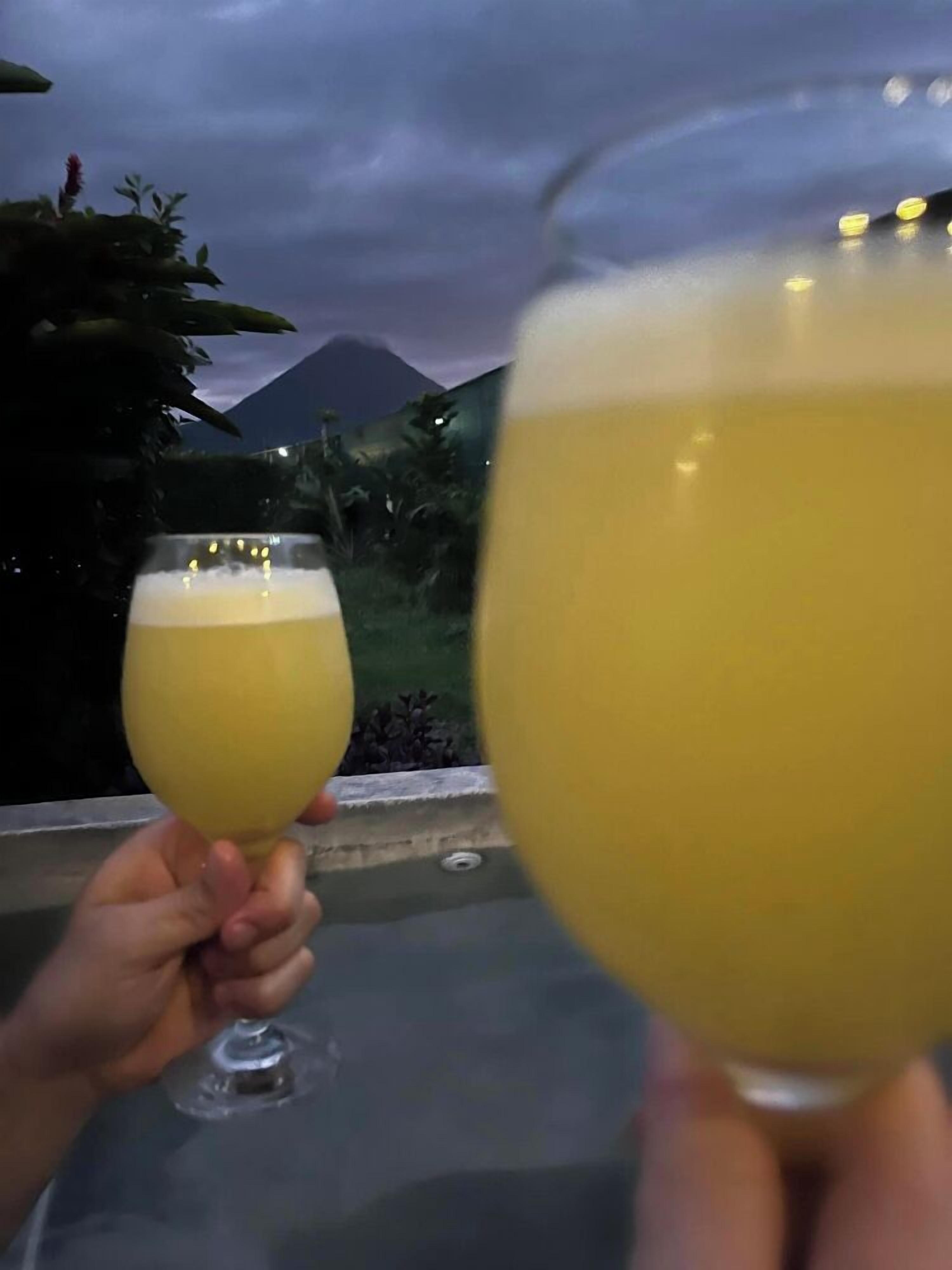 Two glasses of beer held by hands, with a mountain and greenery in the background.