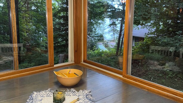 A room with wooden walls and large windows offering a view of a forested area.