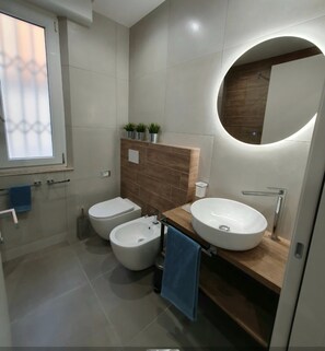 Secador de pelo, bidé, jabón y papel higiénico