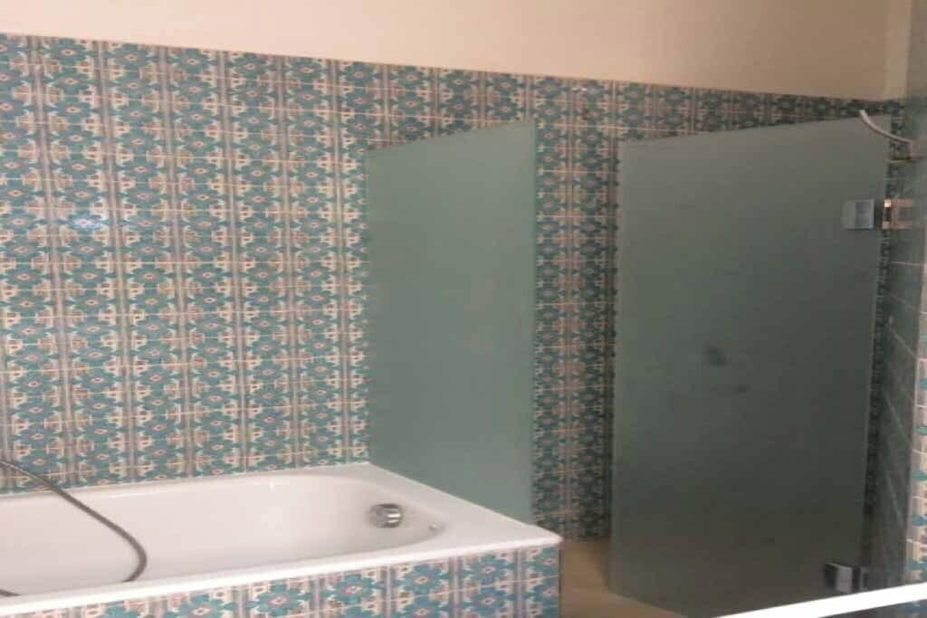Shower, hair dryer, towels, toilet paper