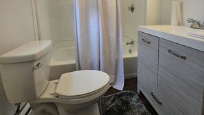 A bathroom with a toilet, bathtub, and vanity. - Large room with private bathroom near Whole Foods (Providence)