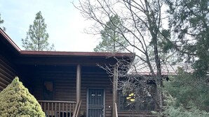 A wooden cabin with a porch, a staircase leading to the entrance, and a well-maintained garden with a large coniferous tree and a stone pathway. - Private 3-bedroom Cabin in charming Show Low within Torreon (Show Low)
