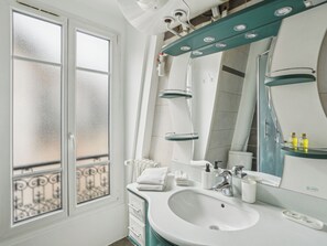 Shower, hair dryer, towels