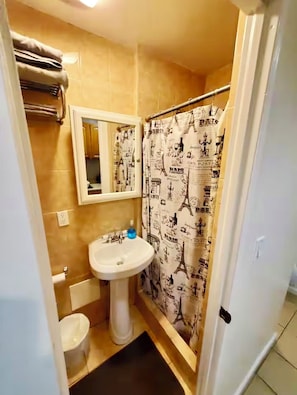 Sèche-cheveux, serviettes fournies, savon, shampoing