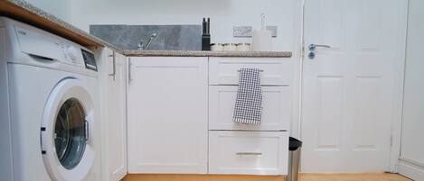 A compact kitchen with a washing machine, a sink, and a door.