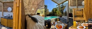 A bamboo-themed accommodation with a private pool, a dining area with breakfast, and a bedroom with a geometric ceiling design. - Alma Glamping  (Coatepec)