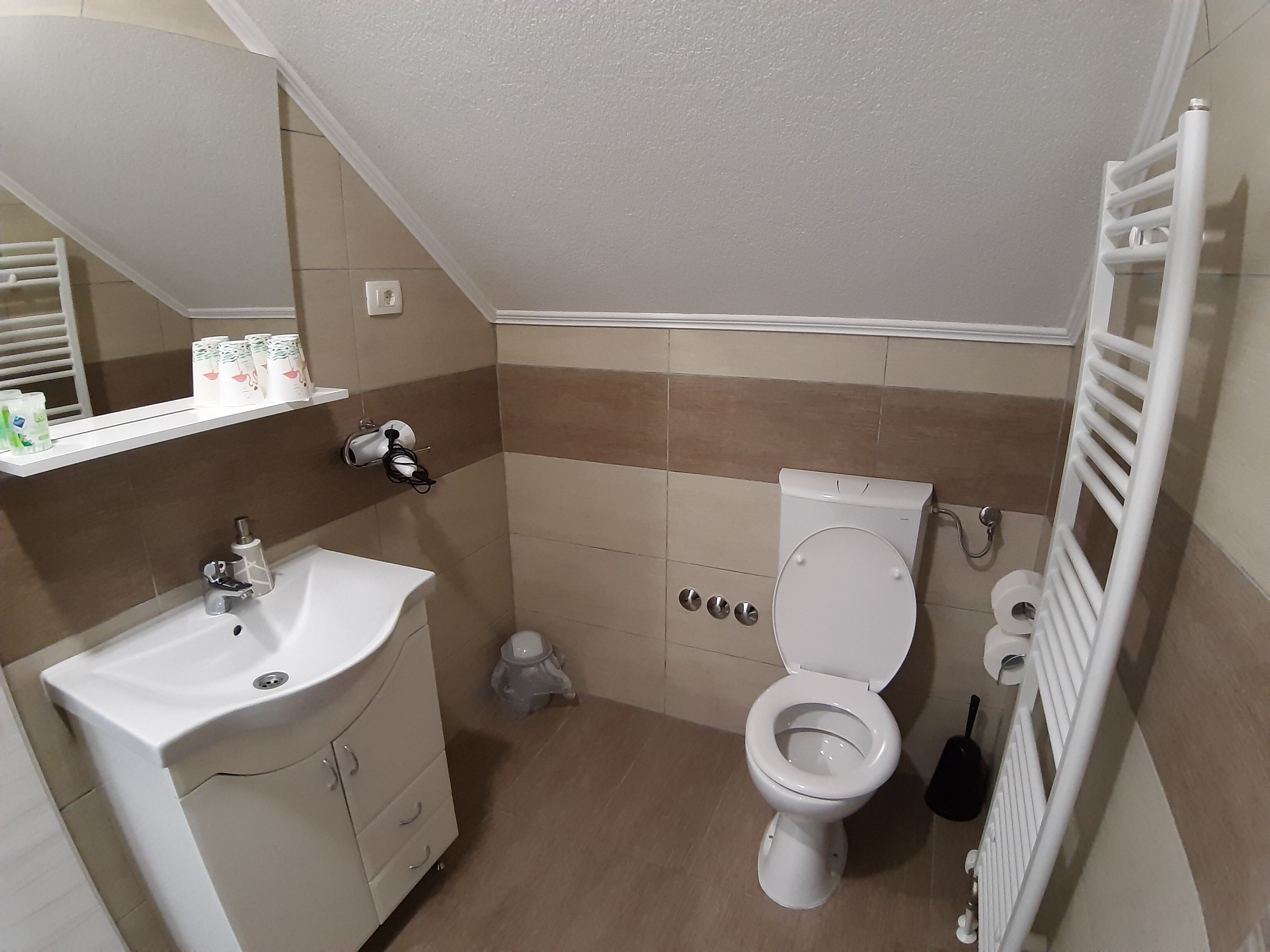 A bathroom with a sink, toilet, and a mirror.