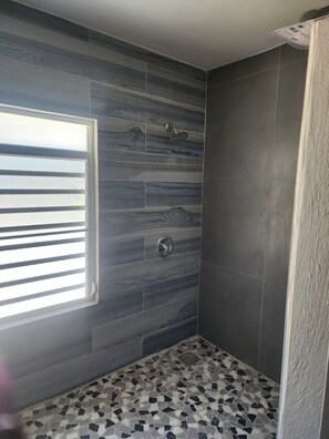 Shower, towels, toilet paper