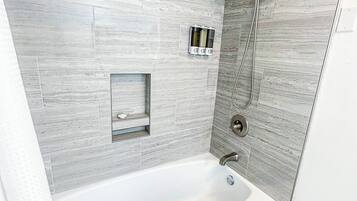 Hair dryer, towels, soap, toilet paper