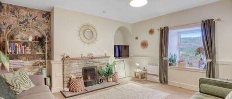 Smart TV, fireplace, books