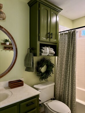 Hair dryer, towels, soap, toilet paper