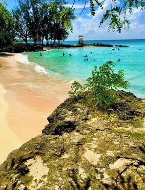 Une plage avec une eau turquoise et limpide, un rivage sablonneux et un promontoire rocheux couvert de végétation.