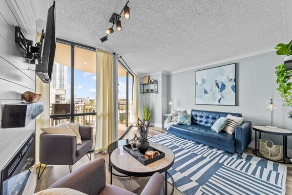 TV connectée, cheminée, livres, vidéothèque