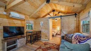 Interior acogedor de una cabaña con televisión, paredes de madera, zona de comedor y dormitorio.
