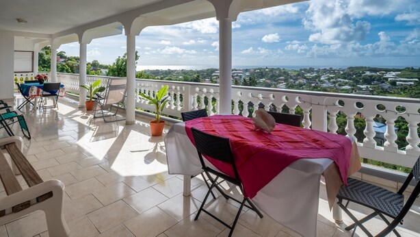 A covered balcony with a table and chairs, potted plants, and a view of a town.