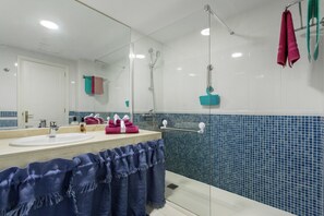 Douche, séchoir à cheveux, serviettes fournies