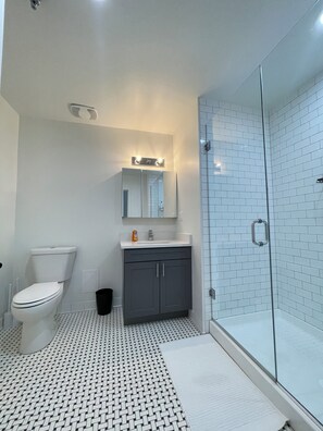 Hair dryer, towels, soap, shampoo