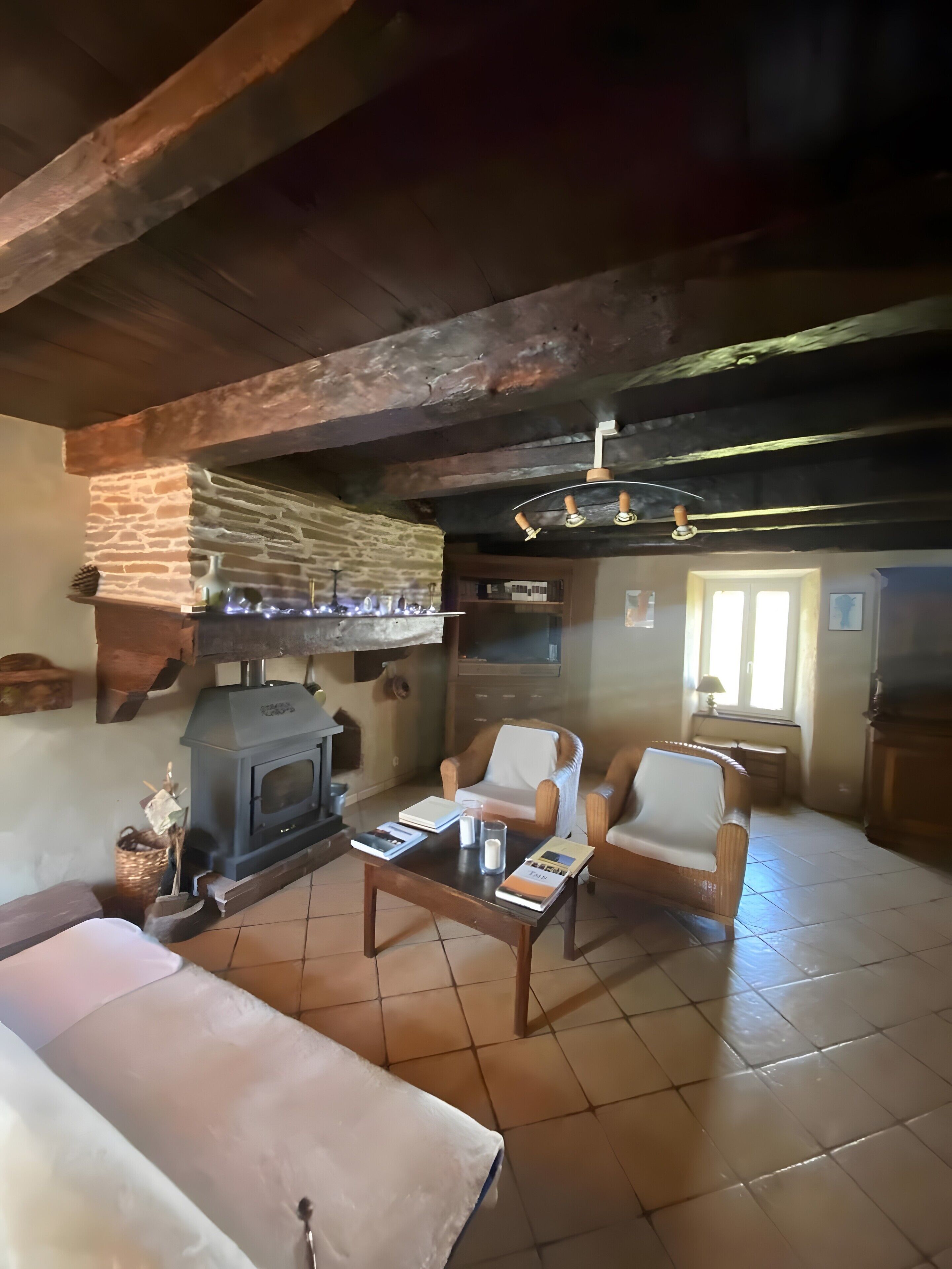 Télévision, cheminée, lecteur de DVD