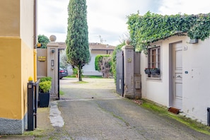A narrow alleyway with a gate, a tall tree, and a building with a door marked '37'.