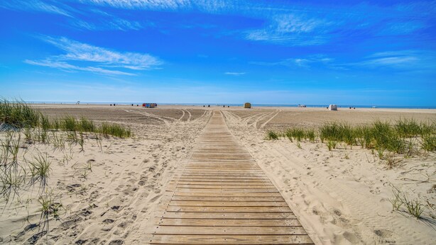 A wooden boardwalk leading to a sandy beach with sparse vegetation. - Walk to Shore: Wildwood Crest Studio w/ Pool View! (Wildwood Crest)