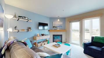 TV, fireplace, DVD player, books