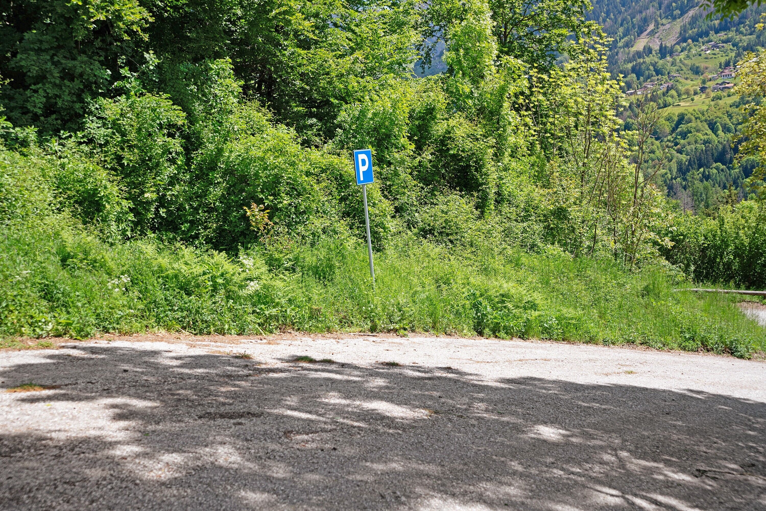 A parking sign in a natural setting with dense greenery and a mountainous backdrop.