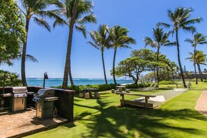 An outdoor patio with a grill, picnic tables, and a view of the ocean.