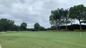 A golf course with a well-maintained green, several white golf flags, and trees in the background.