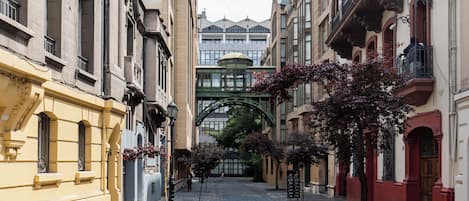 A cobblestone street lined with historic buildings, a covered walkway, and trees with purple foliage.