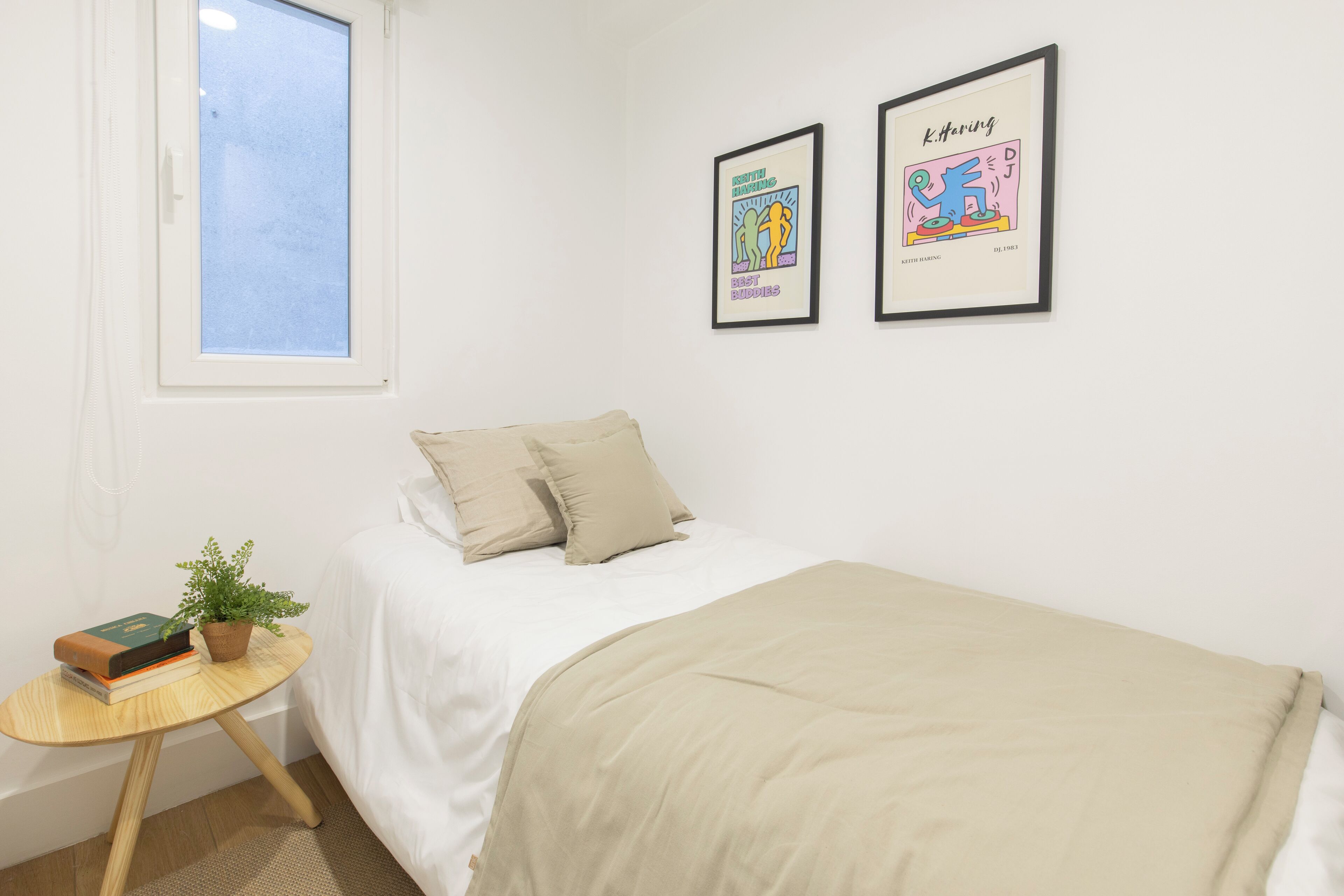 Un dormitorio con una cama, una mesita de noche con una planta y dos cuadros en la pared.