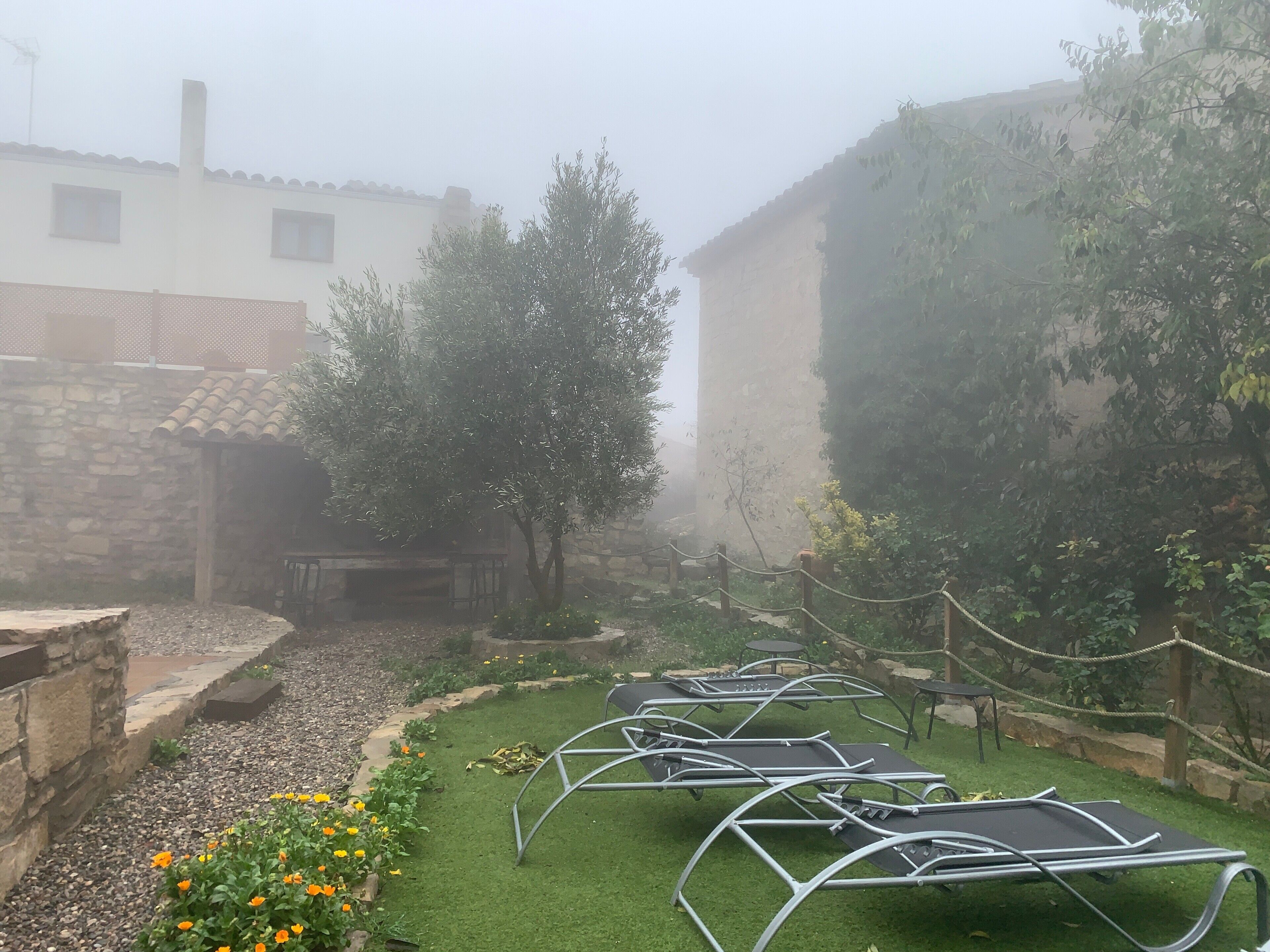 Un patio con muro de piedra, un árbol y sillones de metal.