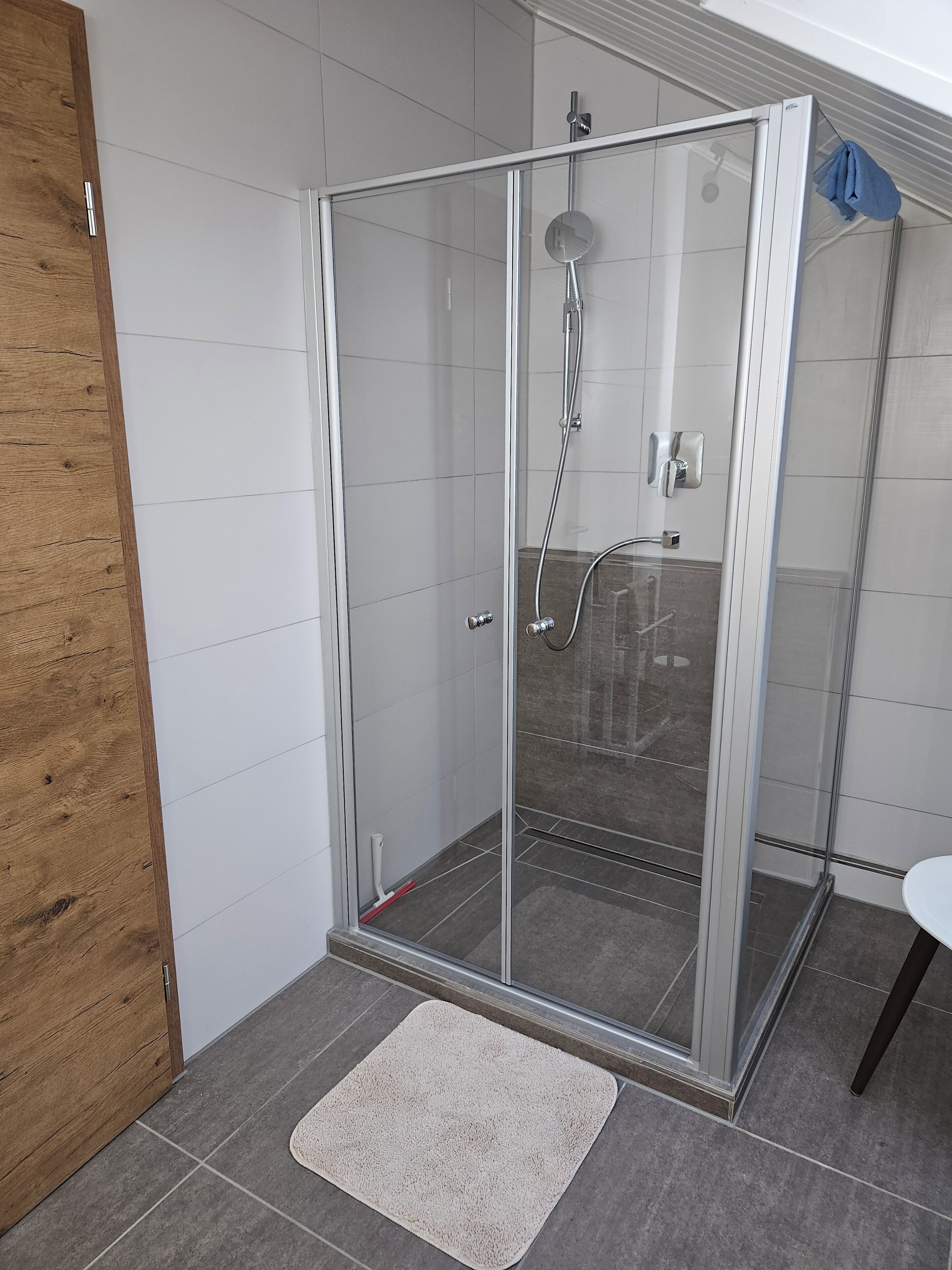Un espace douche clos par des parois de verre, avec un sol carrelé de blanc et un tapis beige.