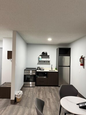 Studiosuite, 1 queensize-seng med sovesofa, ikke-røyk, tekjøkken | Eget kjøkken | Minikjøleskap, mikrobølgeovn, kaffetrakter/tekoker og vannkoker