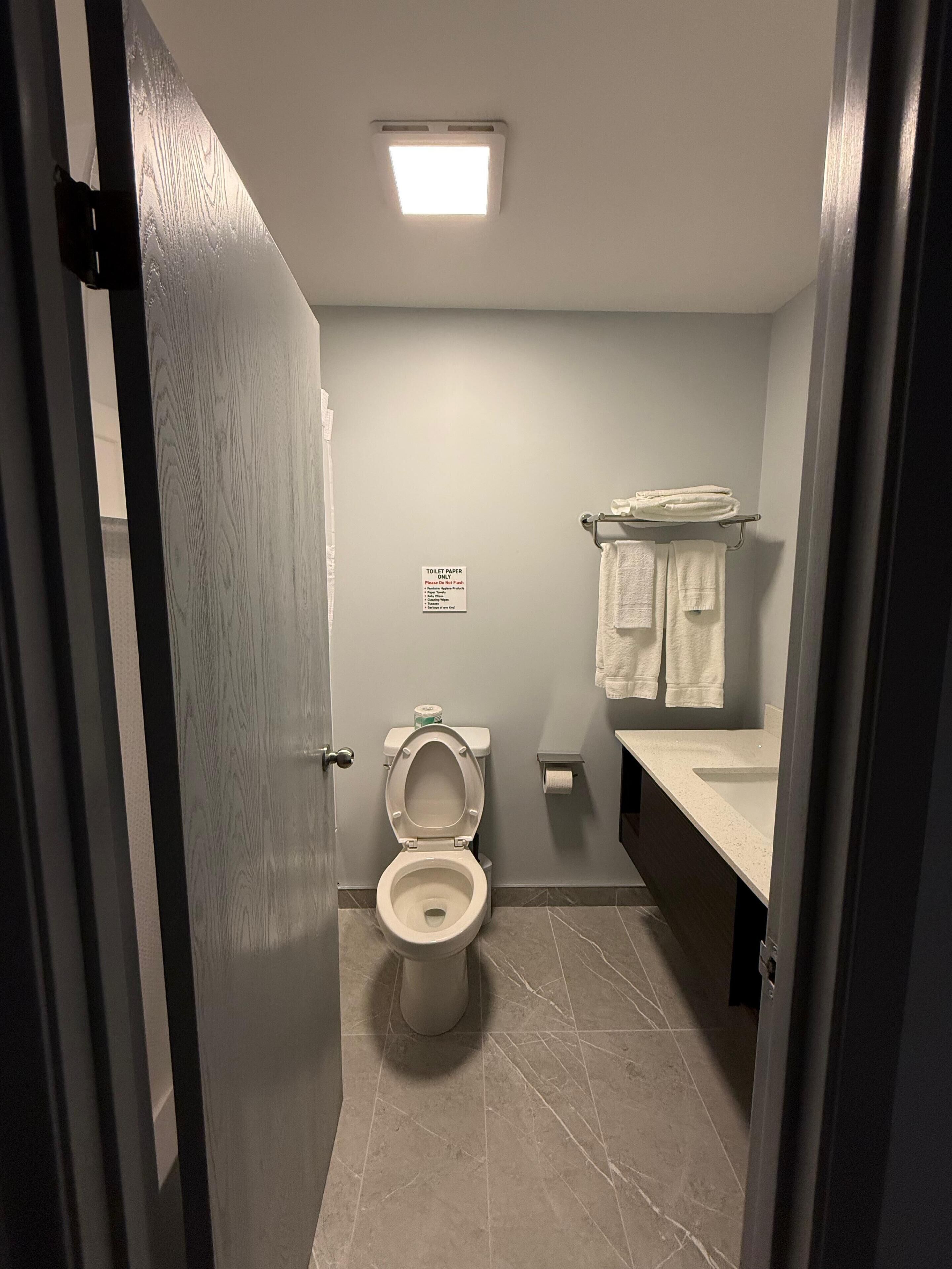 A bathroom with a toilet, a sink, and a towel rack.