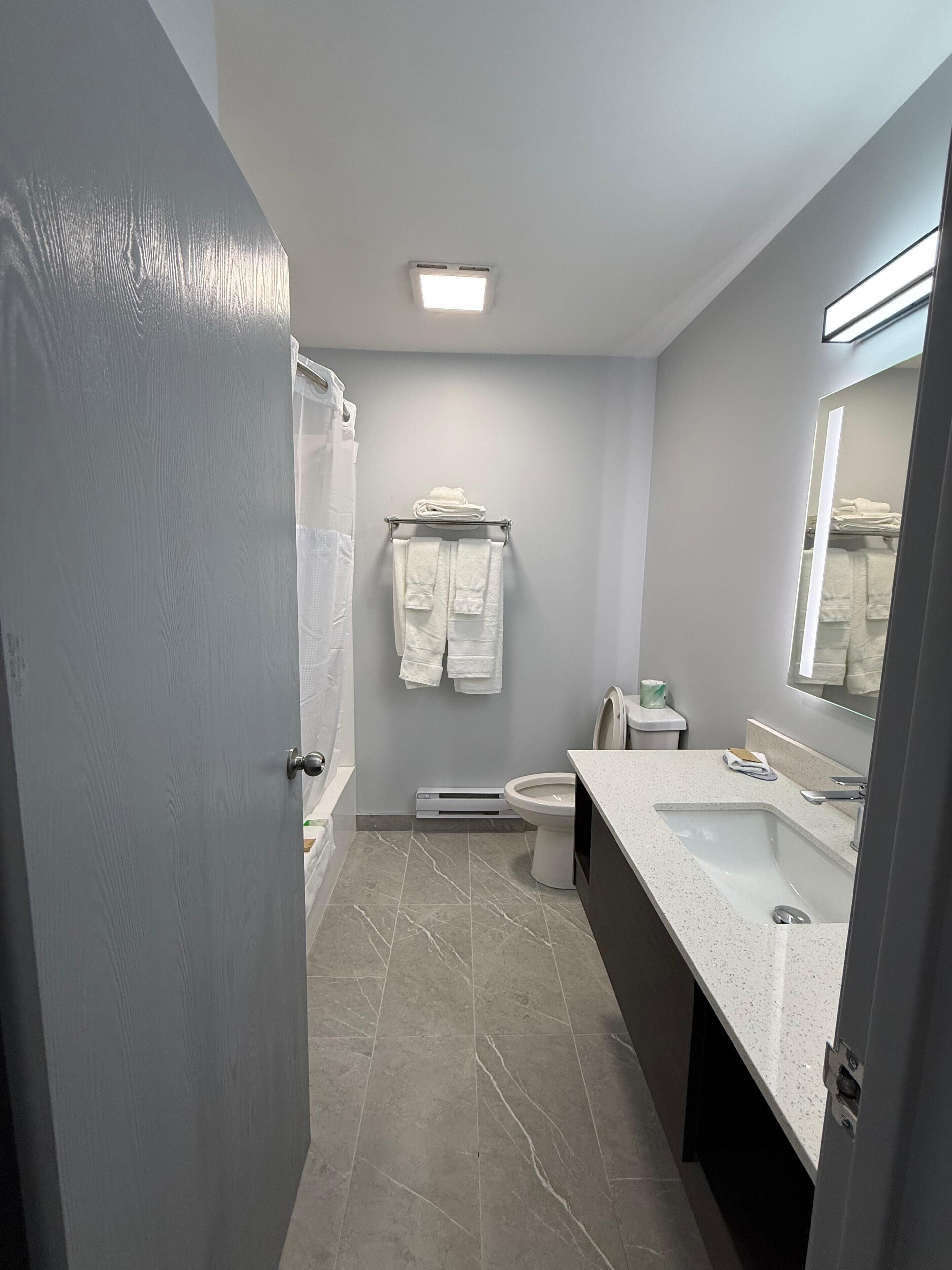 Bathtub, hair dryer, towels, soap