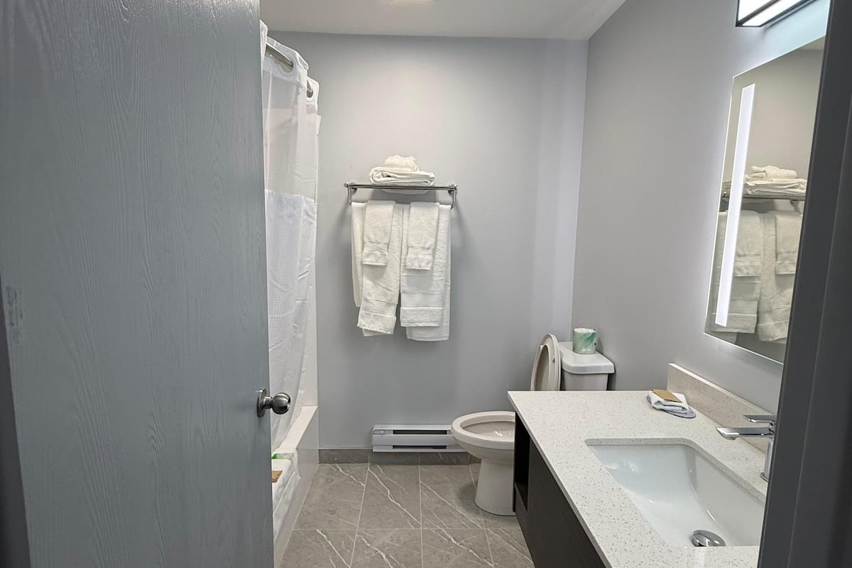 A bathroom with a toilet, sink, and shower area.