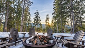 Un foc de llar envoltat d'adronacs en un bosc nevà.