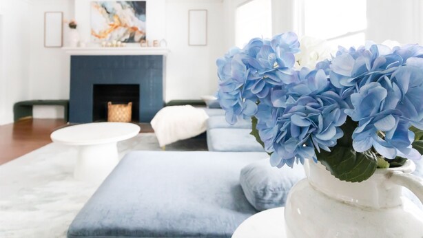 Un salon moderne avec une cheminée, un canapé, une table basse et un vase rempli de fleurs bleues.