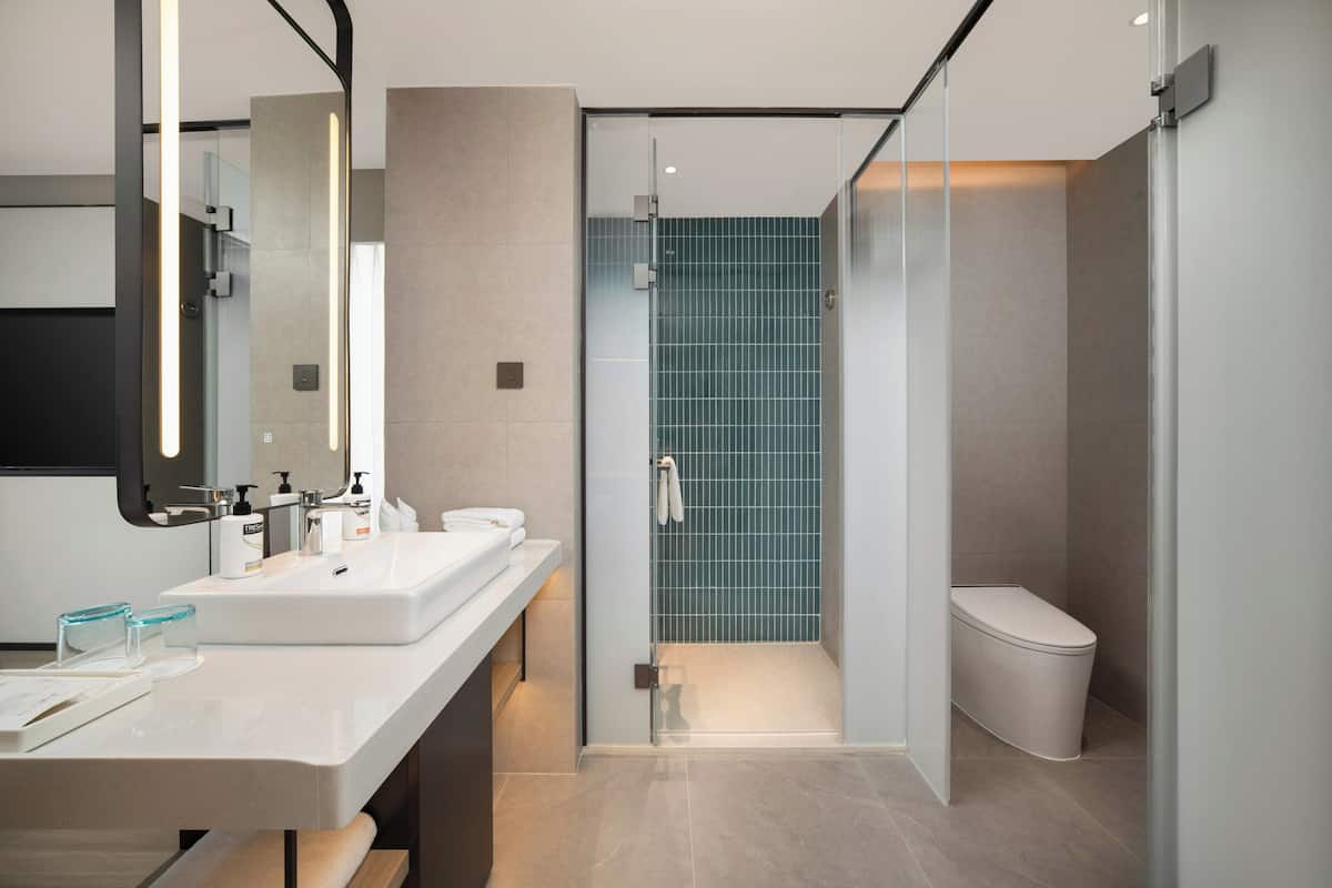 A modern bathroom with a glass shower enclosure, a white sink, and a toilet.