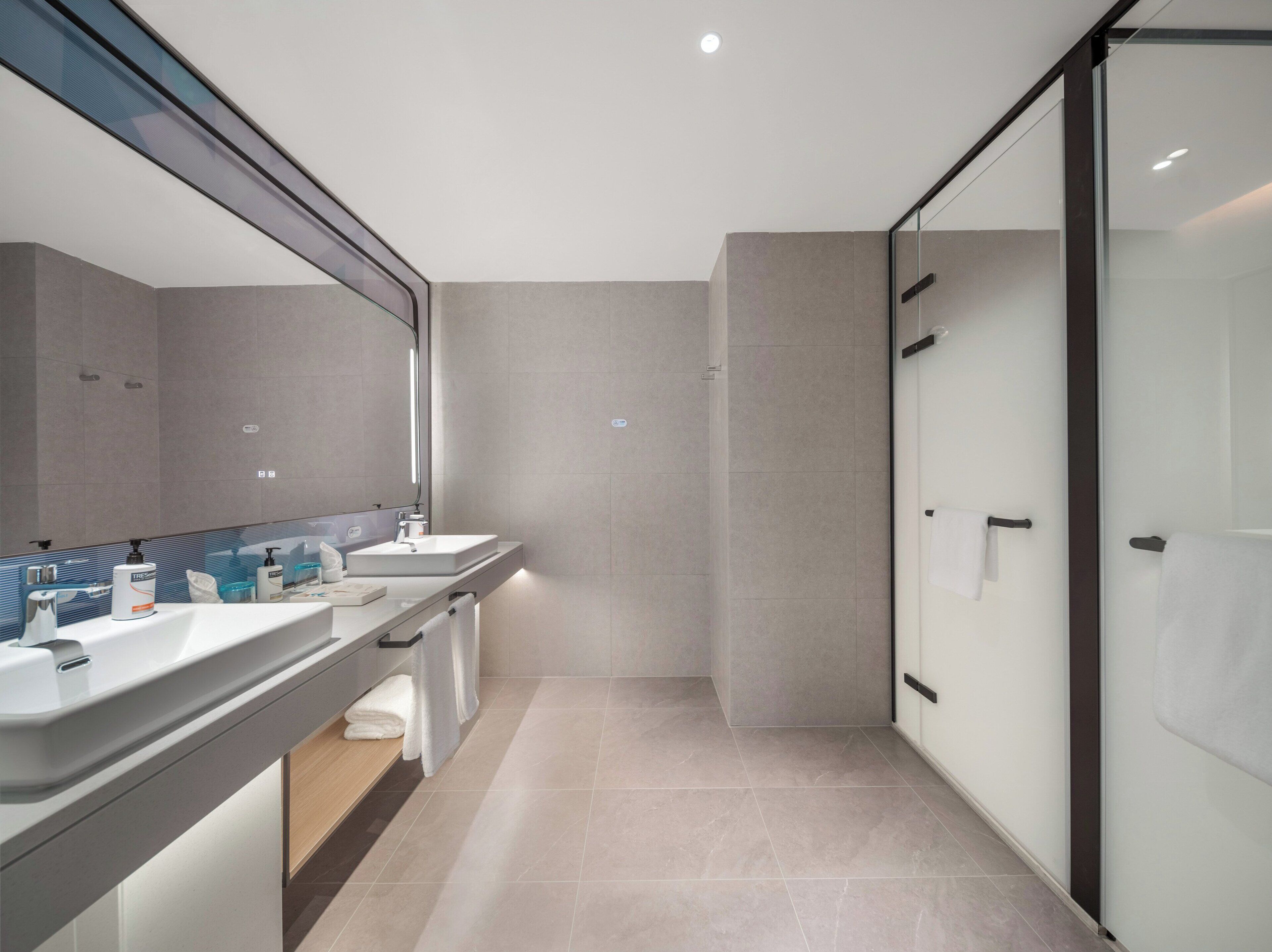 A modern bathroom with two sinks, a large mirror, and a glass shower enclosure.