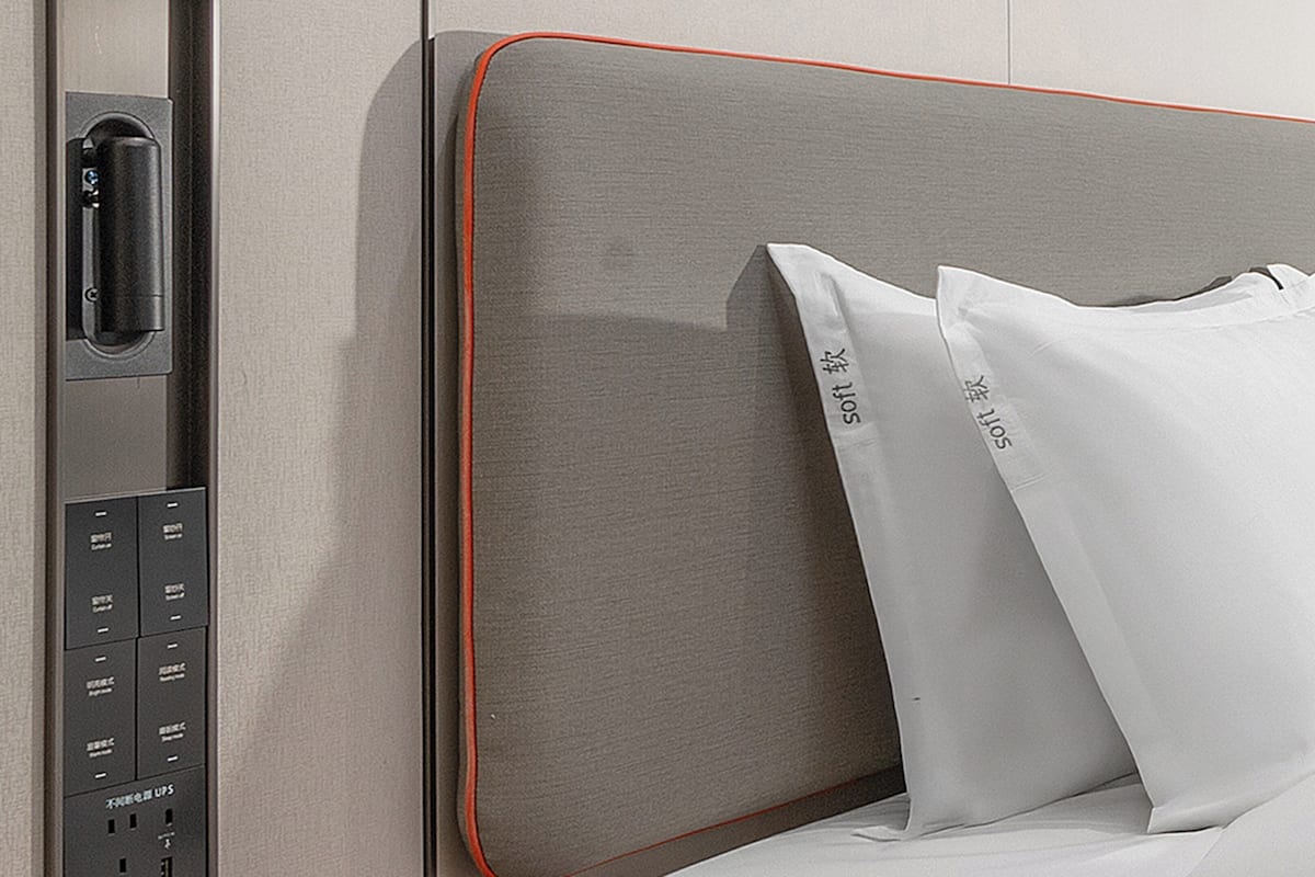 Down comforters, desk, blackout drapes, soundproofing