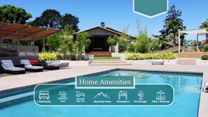A modern home with a pool, 4 bedrooms, a hot tub, a mountain view, a workspace, an EV charger, and a patio/balcony.