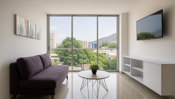 A modern living room with a sofa, a coffee table with a plant, a TV mounted on the wall, and a large window offering a city view.