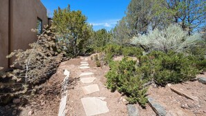 A stone pathway leading to a building surrounded by various trees and shrubs.