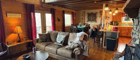 Smart TV, fireplace, DVD player, books