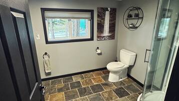 A bathroom with a toilet, a shower, and a window.